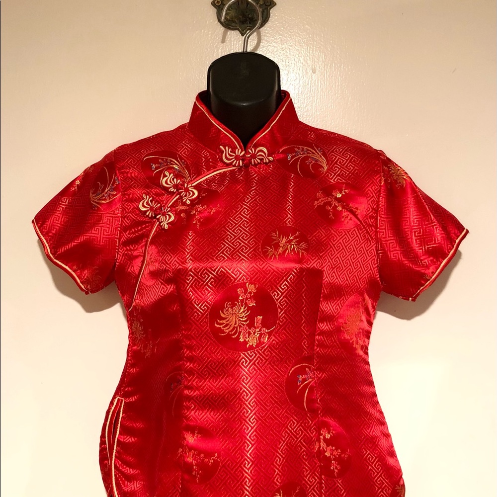 Beautiful red, satin, embroidered Chinese shirt.